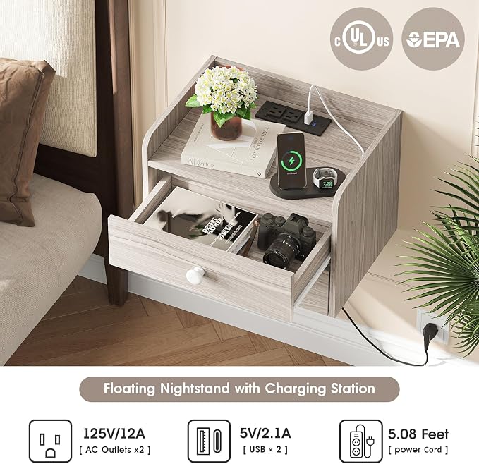 Floating Nightstand Set of 2 with 2 Storage Drawers and Charging Station Wood Wall Mounted Bedside End Table Modern Night Stands Set 2 for Bedroom,Small Space,Grey - Image 4