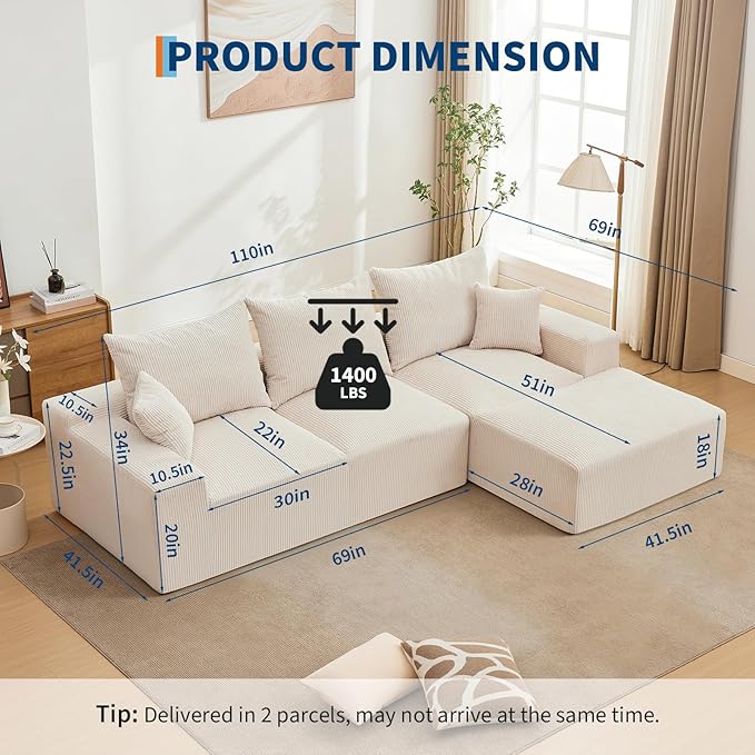 110" Modular Sectional Sofa Couches for Living Room, Cloud Memory Boneless Couch, No Assembly Required,Comfy Cloud 3-Seater Couch with Chaise, Memory Foam Sofa for Offices, Bedroom and Apartment