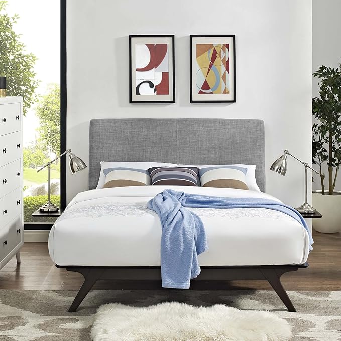 Modway Tracy Mid-Century Modern Wood Platform Queen Bed with Two Nightstands in Cappuccino Gray