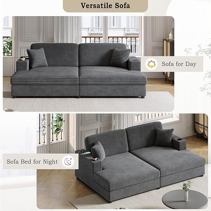 86.5" Oversized Double Chaise Lounge Indoor Corduroy Upholstered Sofa Bed , Deep Seat Lounger Loveseat Recliner Daybed with Dual USB Ports , Two Cup Holders and Throw Pillows for Living Room Bedroom