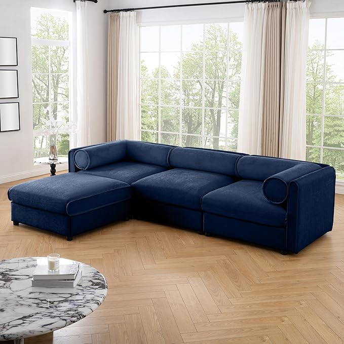 KEIKI 109" L-Shaped Modular Chenille Sectional Sofa with Storage Seat, 1 Ottoman, Modern 3-Seater Couch with Cylindrical Backrest and Armrests, Easy Assembly, for Apartment, Living Room, Blue