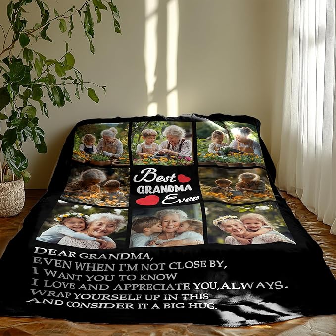 Personalized Mothers Day Birthday Gifts for Grandma from Granddaughter Grandson, Custom Blanket with Photos, Best Grandma Ever Customized Blankets with Photos