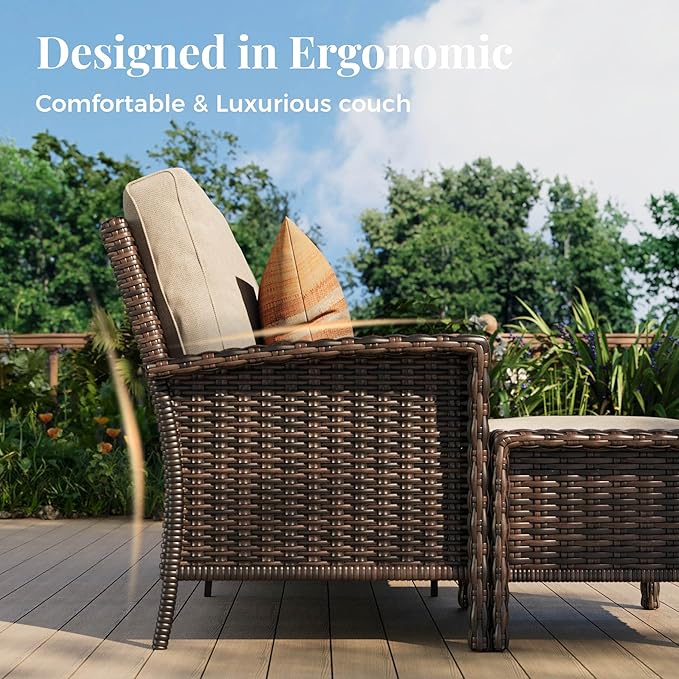 5-Piece Wicker Patio Furniture Set with Swivel Chairs, High Back Outdoor Furniture with 5.5-inch Thick Cushion and Ottoman, All-Weather Wicker Patio Conversation Set for Deck Yard Pool, Beige