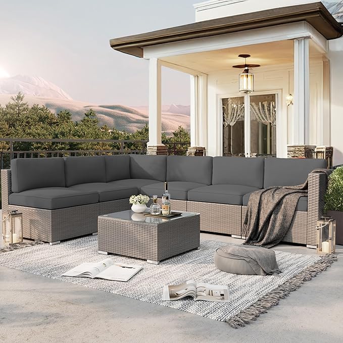 SUNCROWN UNCROWN Outdoor Patio Furniture Set 7 Piece Outdoor Sectional Sofa Grey Wicker Conversation Sofa Set with Coffee Table and Cushions, Backyard, Garden, Poolside, Grey