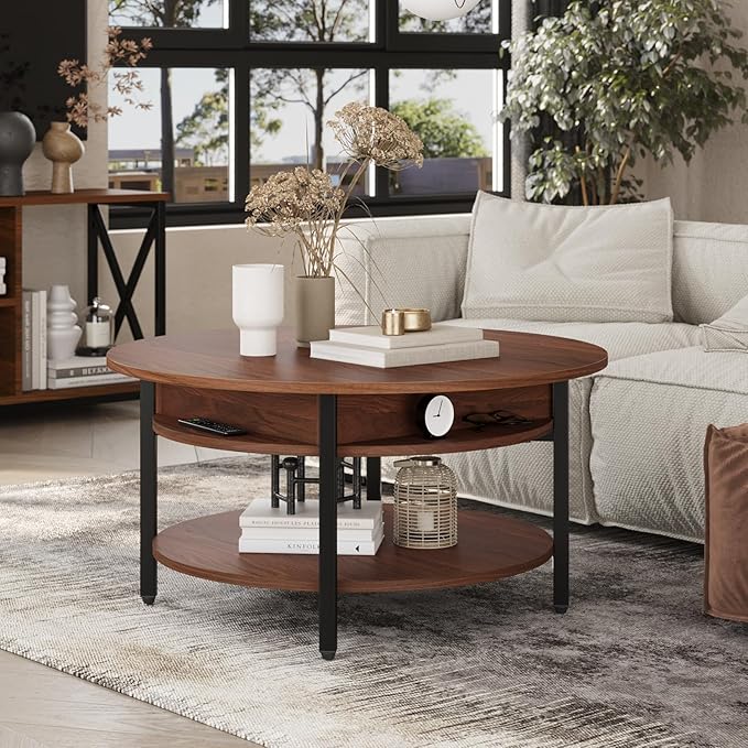 FABATO Round Lift Top Coffee Table with Storage and Hidden Compartment, 26.77'' Farmhouse Coffee Table for Living Room Reception Room, 2 Tier Small Round Coffee Table Circle Dining Table, Espresso