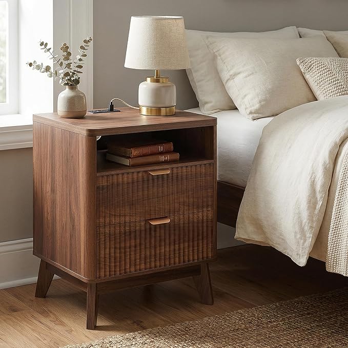 LYNCOHOME Fluted Nightstand with Charging Station, 19.7 inch Wide End Table with 2 Drawers, Modern Wood Bedside Table for Bedroom,Brown,1 Pcs by LYNCOHOME