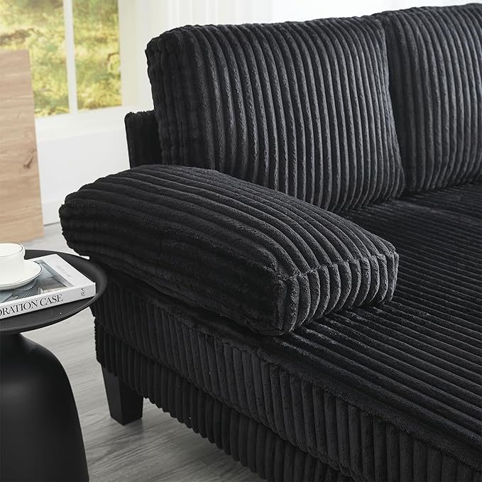 U Shaped Couch, 4-Seat Sectional Sofa with Double Chaise, Oversized Corduroy Cloud Couch for Living Room, Apartment, Black