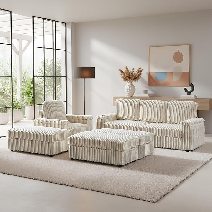 ERYE Oversized Loveseat Sectional Sofa and Chaise, 5 Pieces Living Room Sofa Set Include Love Seat,Chair & 3 Ottomans, Corduroy Upholstered Modular Couch with Cupholders