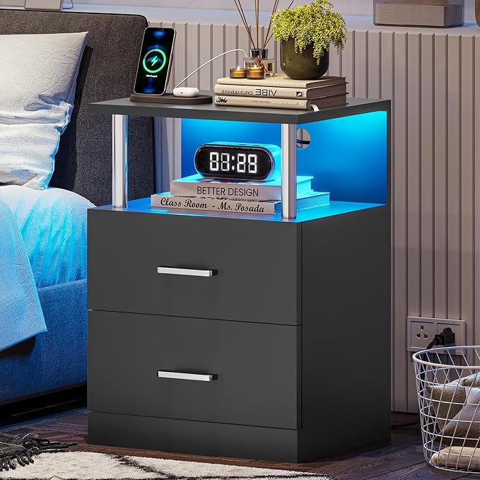 VIAGDO Black Nightstand with Charging Station and USB Ports, LED Night Stand with 2 Drawers, Modern End Side Tables with Open Storage, Bedside Tables for Bedroom, Office by VIAGDO