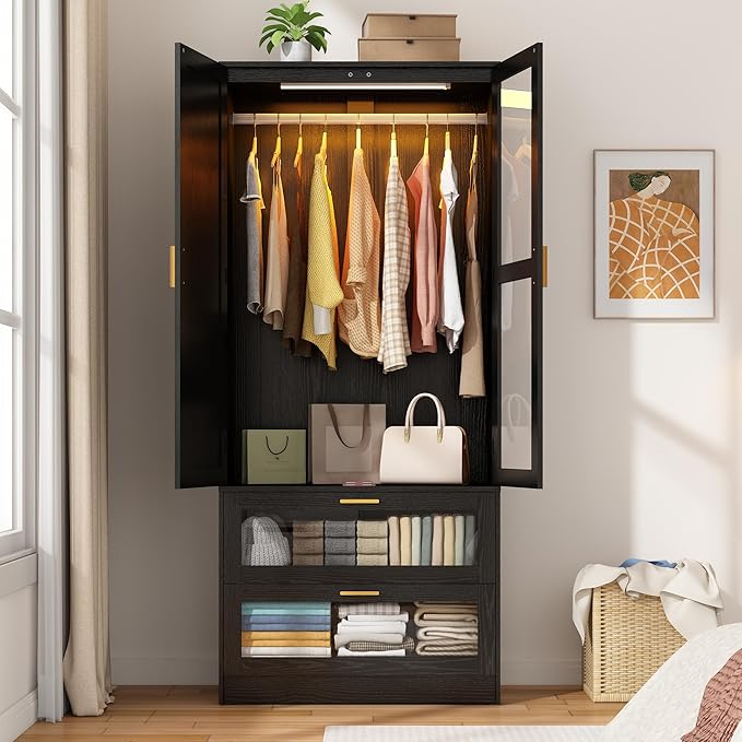 2 Doors Armoire Wardrobe Closet with LED and Mirror,71" H Freestanding Wooden Wardrobe Closet Cabinet for Bedroom w 2 Drawers,Wooden Clothing Storage Cabinet w Hanging Rod,Closets for Bedroom(Black)