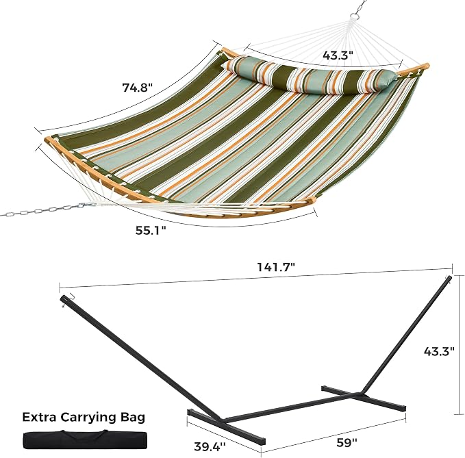 SUPERJARE Hammock with Stand, 2 Person Heavy Duty Hammock with Padded Cotton, Detachable Pillow & Strong Curved-Bar & Portable Carrying Bag, Perfect for Outdoor & Indoor, Retro Green - Image 8