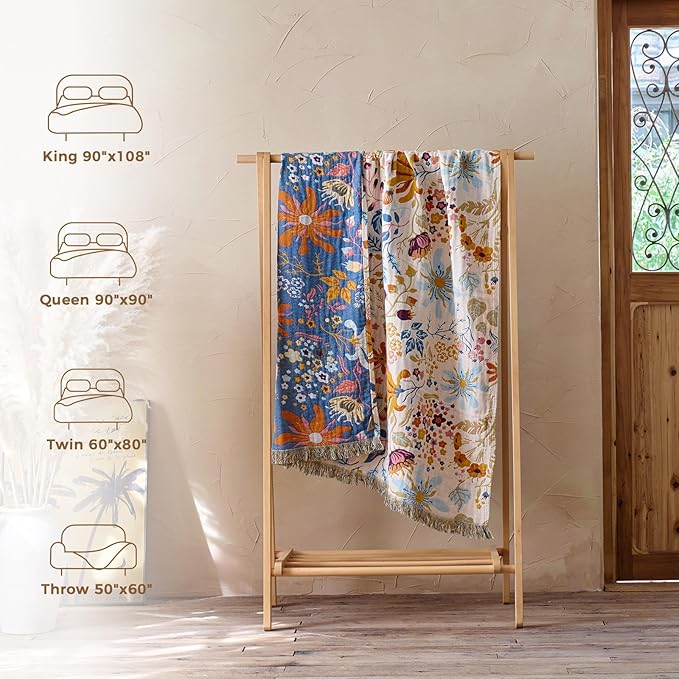 LUTBM Boho Throw Blanket with Florals & Leaves Embroidery Reversible Lightweight Spring Cotton Gauze Throws for Couch,Bed,Sofa & Chair Decor - Bohemian Living Room Accent Gift 50"x60"