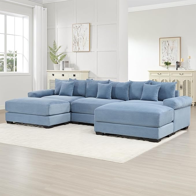 KEIKI 130" U-Shaped Oversized Corduroy Modular Cloud Sectional Sofa with 2 Ottoman, High-Density Foam Cushion, Extra-Thick Armrest, 3-Seater Fluffy Corner Couch with 9 Pillow, for Living Room, Blue