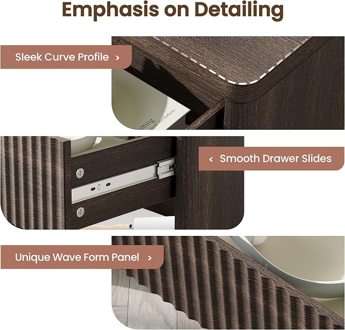 Fluted Nightstand with Drawer Bed Side Table Wide End Table Modern Night Stands with Large Storage Charging Station Mid Century for Bedroom Living Room Office,Walnut - Image 5