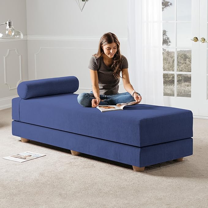 Jaxx Alon Daybed - Fold-Out Sleeper Chaise with Premium Memory Foam Queen-Size Mattress - Made in The USA, Navy