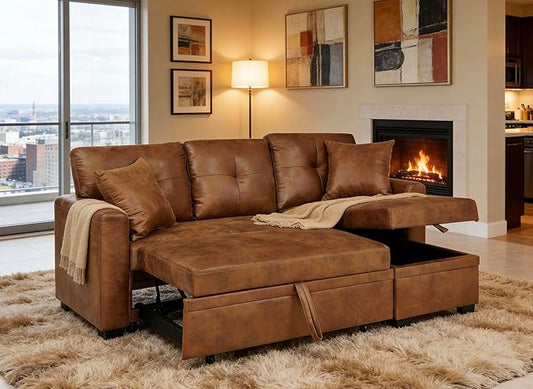 76.5" Sectional Sleeper Sofa with Pull Out Bed, L Shaped 3 Seat Sectional Couches for Living Room,Pull Out Couch Convertible Sofa Bed with Reversible Storage Chaise & 2 Pillows,Brown
