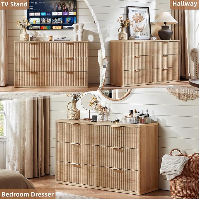 LEYAOYAO Fluted 6 Drawers Dresser for Bedroom, 48" Wide Modern Chest of Drawers with Metal Handle, Natural Curved Profile Farmhouse Closet Organizer Wood Dressers TV Stand for Living Room, Hallway - Image 7