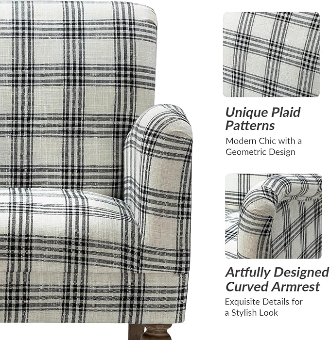 HULALA HOME Modern Accent Chair with Arms & Wooden Legs, Comfy Upholstered Armchair Sofa Chair for Bedroom Living Room(Plaid Pattern, Black)