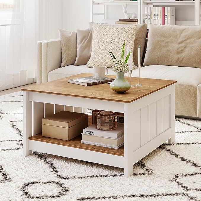 Giantex Farmhouse Coffee Table, 31.5 Inch Square Wood Coffee Table with Storage Shelf, 2-Tier Vintage Center Table with Open Compartment, Rustic Living Room Table for Home Office, Natural