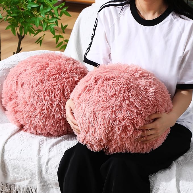 2 Pack Plush Round Ball Throw Pillow 10 Inch Nordic Soft Boucle Pillows Spherical Fuzzy Pillows Circle for Couch Sofa Bed Bedroom Living Room Office School Chair Decorations(Pink)