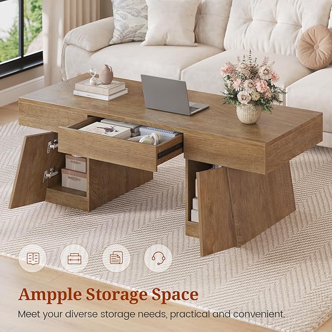 47 Inches Coffee Table with Storage, Wood Mid Century Modern Center Table with Hidden Drawer & Cabinet, Rectangle Coffee Tables for Living Room, Rustic Low Cocktail Tea Furniture Oak