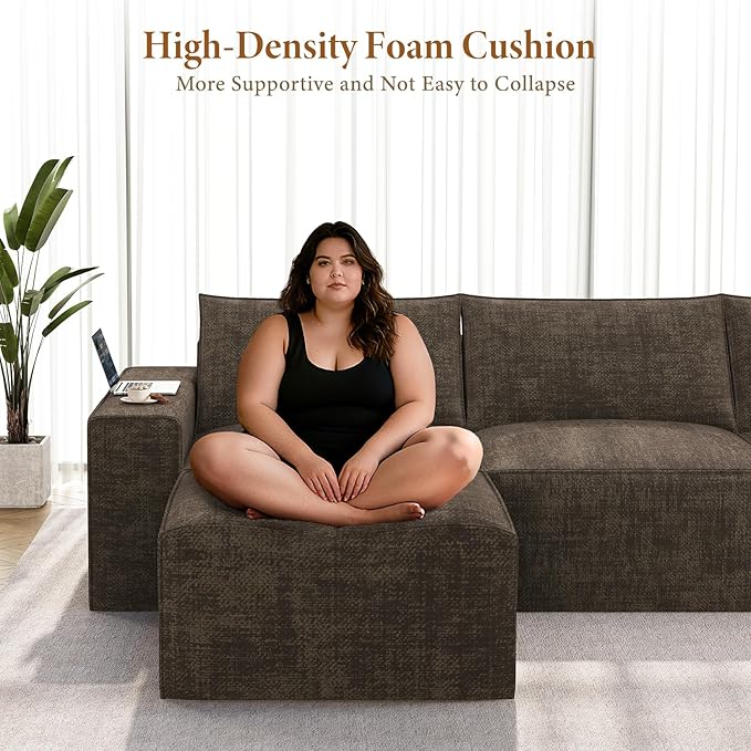Vesgantti 143.7" Boneless Couch for Living Room, 6 Seater Modular Sectional Sofa with Ottoman & Deep Seat, Convertible Chenille Oversized Cloud Couches, No Assembly Required, Dark Brown