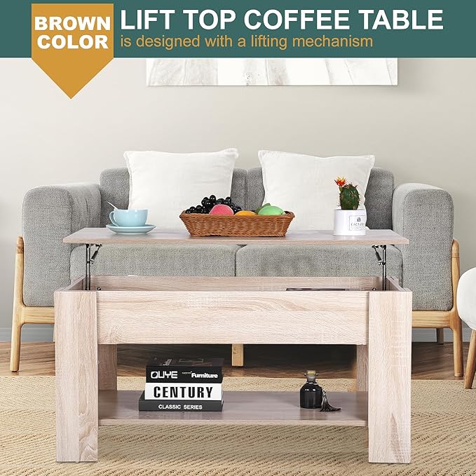 PayLessHere 39.4" Coffee Table Lift Top Coffee Tables with Hidden Compartment and Storage Shelf Wooden Lift Tabletop Dining Table for Living Room Home Small Space, Natural