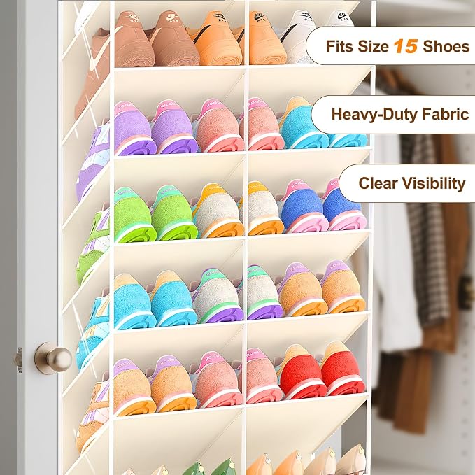 UVIAHOMI 20-30 Pairs Over the Door Shoe Organizer, Clear Pockets Hanging Shoe Storage for Closet, 10-Tier Door Shoes Rack, Handing Shoes Holder Fit All the Family's Sneakers, Boots, Heels, Beige - Image 5