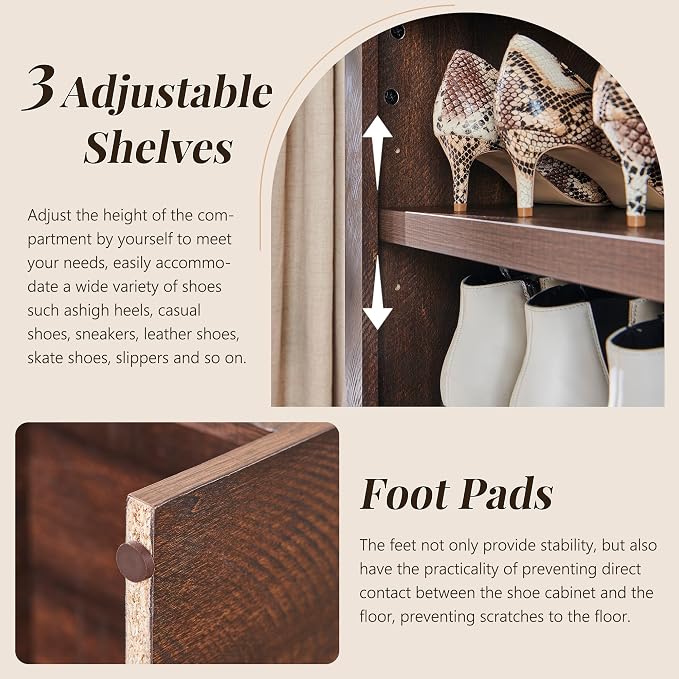 IFGET 67" Tall Arched Shoe Storage Cabinet, 8 Tiers 8 Pairs Wooden Shoe Rack with 3 Adjustable Shelves, Freestanding Shoe Closet Shelf Organizer for Entryway, Hallway, Living Room (Brown) - Image 4