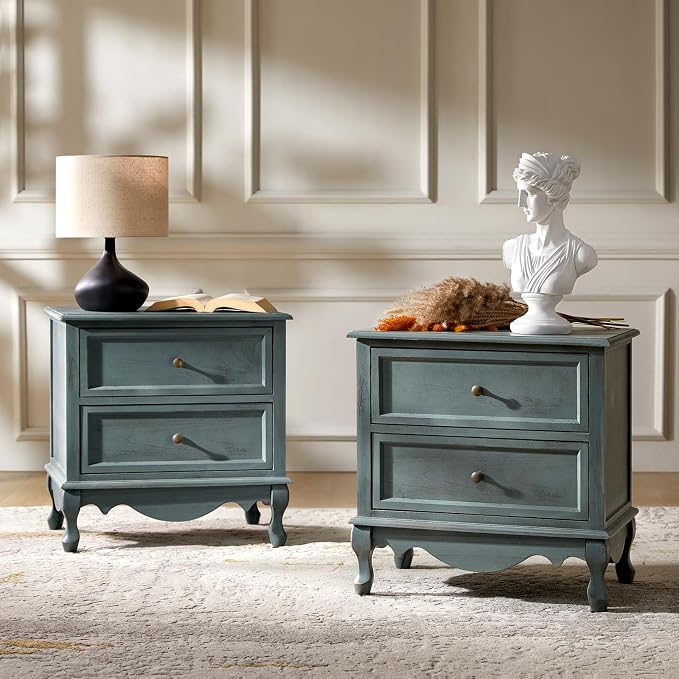 HULALA HOME Solid Wood End Tables Set of 2 with Charging Station Space, Vintage Endtables with Wood Legs and 2 Drawers, French Side Tables for Living Room, Blue by HULALAHOME
