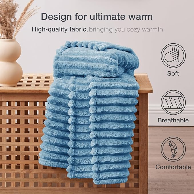 EXQ Home Fleece Throw Blanket for Couch or Bed - 3D Stripe Jacquard Decorative Blankets - Cozy Soft Lightweight Fuzzy Flannel Blanket Suitable for All Seasons(50"??60",Blue)