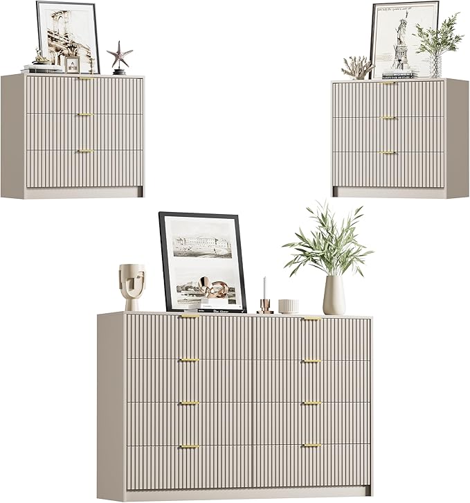 Furniway Beige Dresser Bedroom Set 3 Pieces, Nightstands Sets of 2, 8 Drawer Dresser with Gold Handles for Bedroom