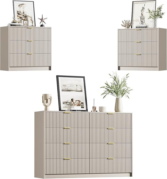 Furniway Beige Dresser Bedroom Set 3 Pieces, Nightstands Sets of 2, 8 Drawer Dresser with Gold Handles for Bedroom