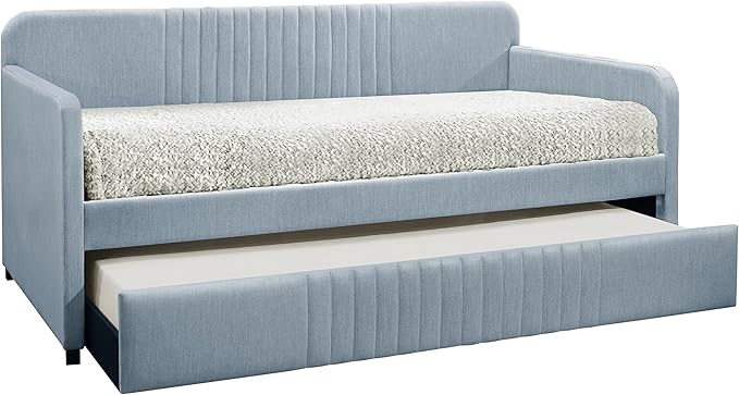Home Design Amelia Twin Daybed with Pull-Out Trundle, Linen Upholstery, Track Arms, Rounded Backrest with Vertical Channel Tufting, Slat Support, Light Blue