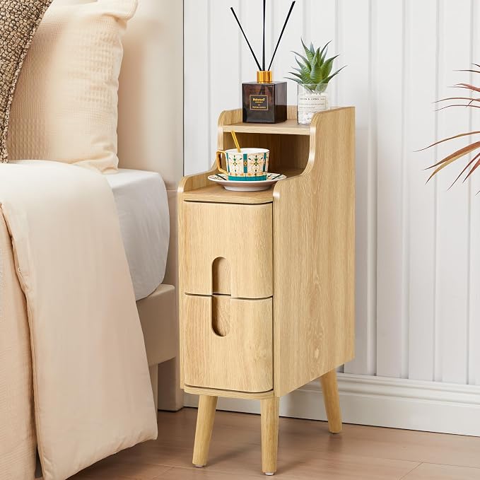 Small Nightstand Set of 2, Wood 2 Drawer Narrow Nightstand, Slim Side Table, Modern Skinny End Bedside Table, Natural Wood Night Stand with Drawers for Bedroom (Natural-2 pcs) - Image 7
