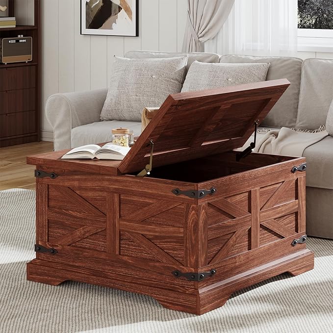 Farmhouse Coffee Table with Storage, Square Center Table for Living Room, Hinged Lift Top Soft Close, Wooden Large Hidden Storage with Metal Corner, Cherry Wood