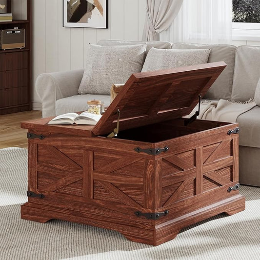 Farmhouse Coffee Table with Storage, Square Center Table for Living Room, Hinged Lift Top Soft Close, Wooden Large Hidden Storage with Metal Corner, Cherry Wood