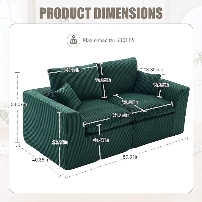 80.3" Cloud Loveseat Boneless Sofas for Living Room, 2 Seaters Modular Foam Cloud Sofa Couches, 2 Seat Compression Foam Couch with Toss Pillows, No Assembly Required