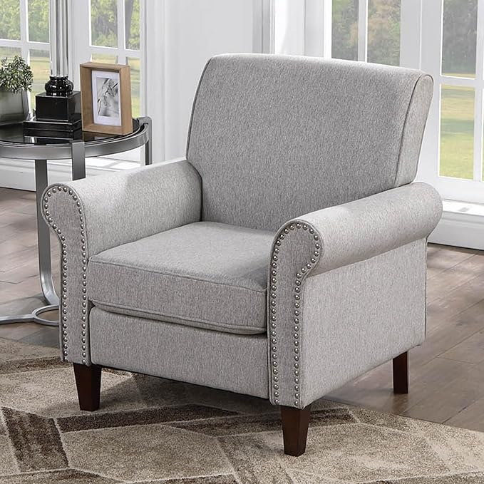 Prilinex Upholstered Living Room Chair Set of 4 - Large Comfy Fabric Accent Chair Single Sofa with Cushion, Rolled Armrest & Nailhead Trim, Mid Century Modern Armchair for Bedroom, Office, Grey