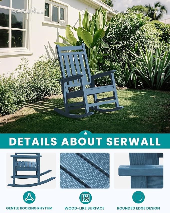 SERWALL HDPE Outdoor Rocking Chair Set of 6, Patio Rocking Chairs for Adults, All Weather Outdoor Rockers for Lawn, Blue - Image 4