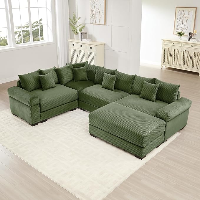 KEIKI 117" U-Shaped Oversized Corduroy Modular Cloud Sectional Sofa with 1 Ottoman, High-Density Foam Cushion, Extra-Thick Armrest, 4-Seater Fluffy Corner Couch with 14 Pillow, for Living Room, Green