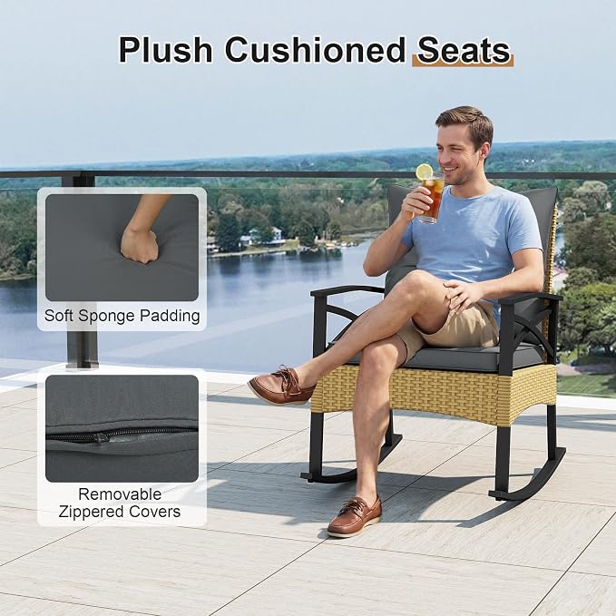 Tangkula 3 Pieces Outdoor Rocking Chairs Set, Rattan Heavy Duty Cushioned Rocker Chairs with 2-Tier Tempered Glass Coffee Table, for Garden, Balcony, Backyard (Yellow+Gray) - Image 5