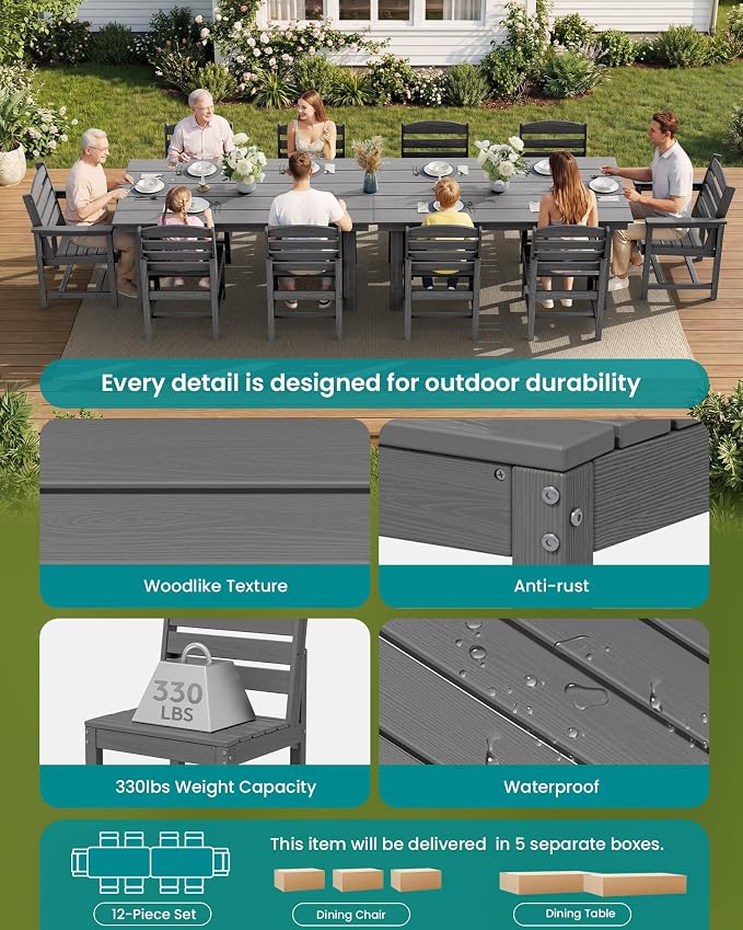 SERWALL Patio Dining Sets for 10 Person, HDPE Dining Set with 2 Tables, 8 Armless Chairs and 2 Armed Dining Chairs, Gray - Image 7