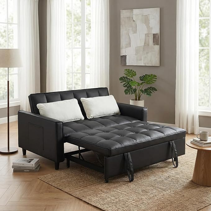 3 in 1 Convertible Sofa Bed, Love Seat Sleeper Bed with Side Pockets, PU Fabric Pull Out Couch with Adjustable Backrest for Living Room, Bedroom, Apartment, Black