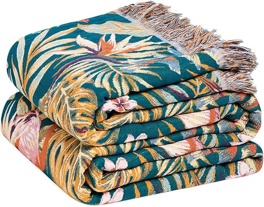 LUTBM Boho Throw Blanket for Couch Sofa Chair Cotton Spring Blankets for Bedroom Living Room All Season Lightweight Reversable Forest Embroidery Throws 50"x60"