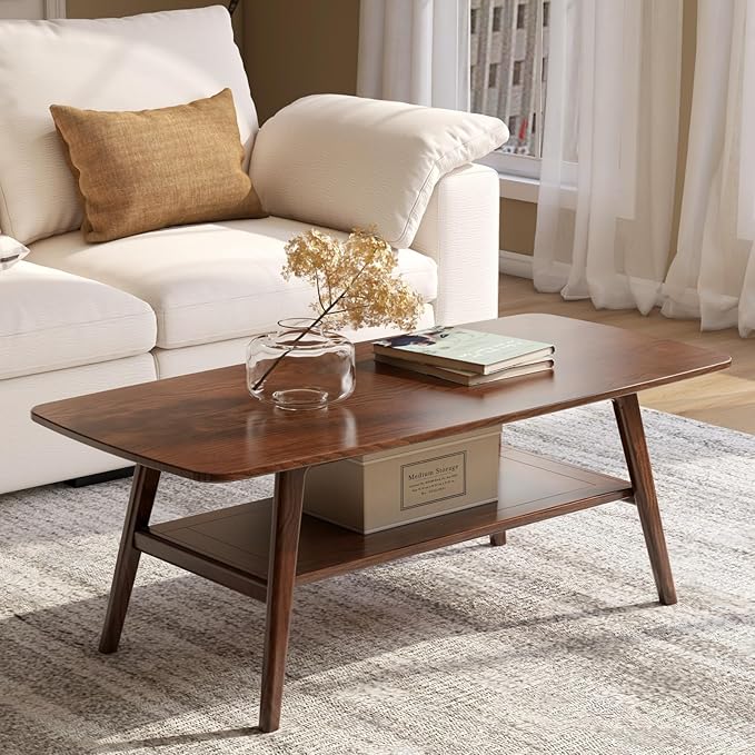 100% Solid Oak Wood Coffee Table with Storage Shelf, 2-Tier Rectangle Coffee Table for Living Room, Modern Center Table for Living Room (Walnut Colour, 47.24" W x22.05 D x 17.32" H)
