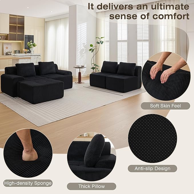 Modular Sectional Sofa, Boneless Couches for Living Room, Corduroy Couch, Big Comfy Couch, Modular Cloud Sofa with Deep Seat (Black, 5 Pieces-Side Shape)