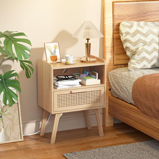 Lerliuo Rattan Nightstands Set of 2 with Charging Station, Boho Night Stand with Handmade Natural Rattan Drawer and Open Shelf, Side End Tables with Solid Wood Legs for Bedroom, Dorm, Small Spaces - Image 4