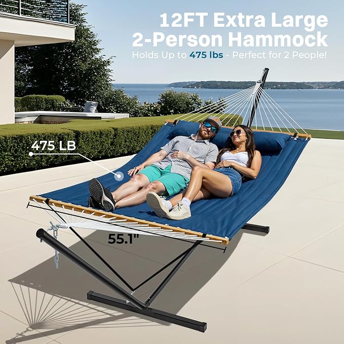 SUPERJARE Hammock with Stand, 2 Person Quilted Outdoor Hammock, Detachable Pillow & Bamboo Spreaders, Portable Hammock with Carrying Bag, Heavy Duty Stand, Perfect for Outside, Patio, Navy Blue - Image 3