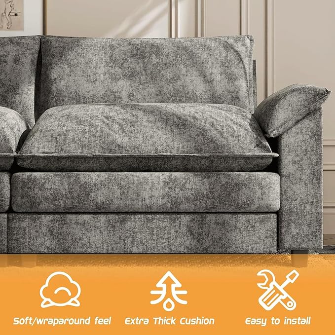 Shahoo Sectional Modular Sofa U Shaped Chenille Fabric Couch with High Supportive & Soft Sponges and Removable Ottoman, Sleeper Comfy Upholstered Furniture for Living Room, Dark Grey